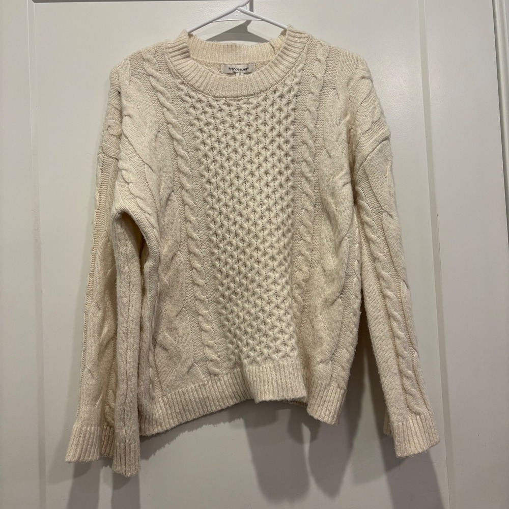 Francesca's Cream Cable Knit Crew Neck Sweater SD-10907 Womens Small
